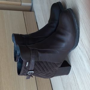 Geox Brown Genuine Leather Chevron Pattern Suede Block Heeled Boots 37